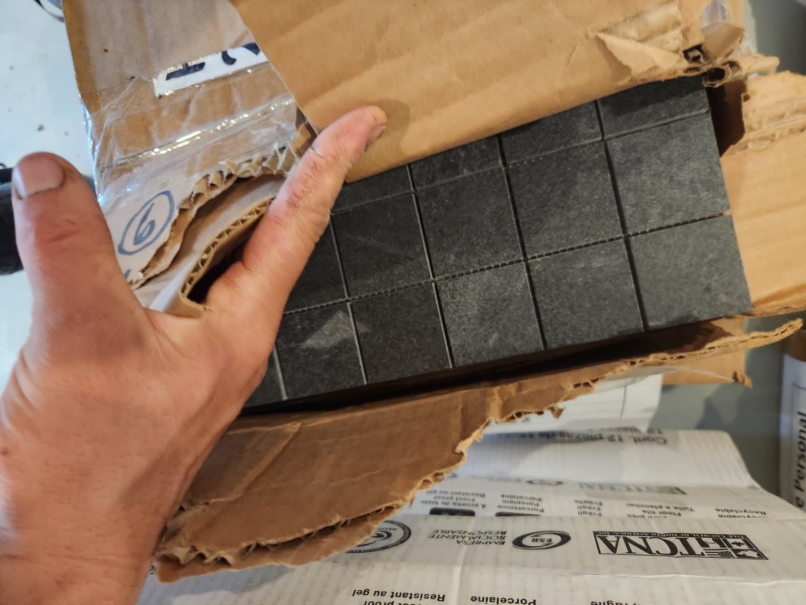 Natural stone tile sample winter construction custom bathroom maine