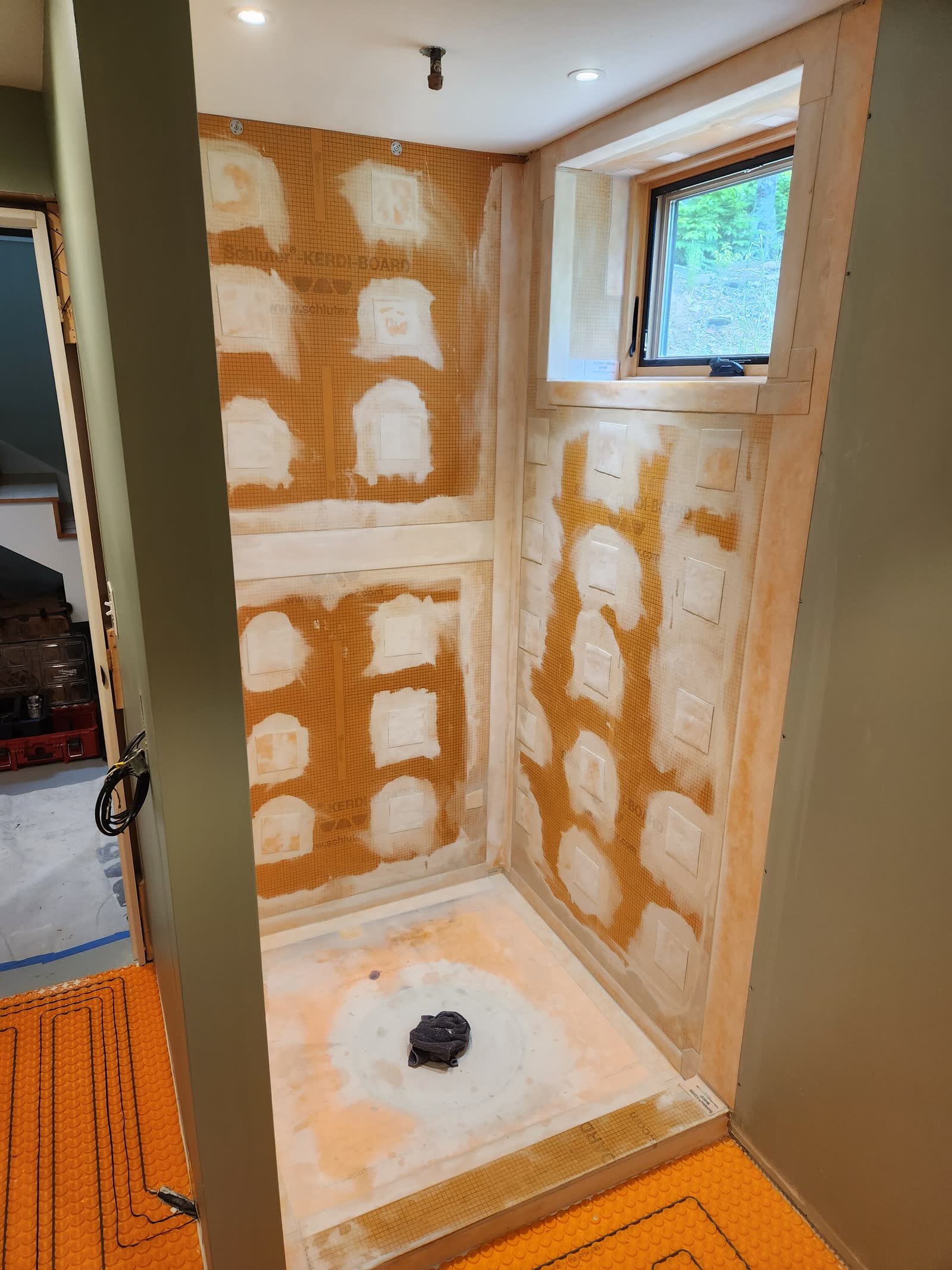 Shower waterproofing membrane niche winter construction custom bathroom maine