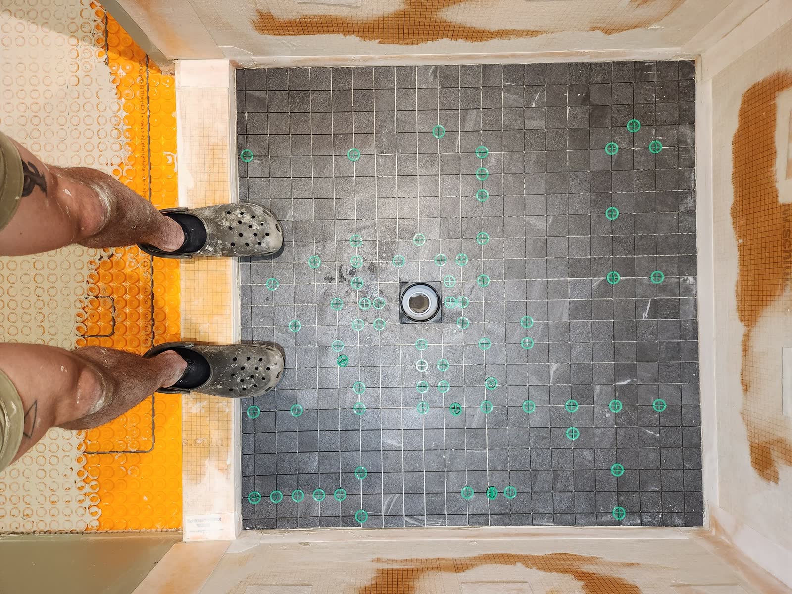 Charcoal floor tile on waterproofing winter construction custom bathroom maine