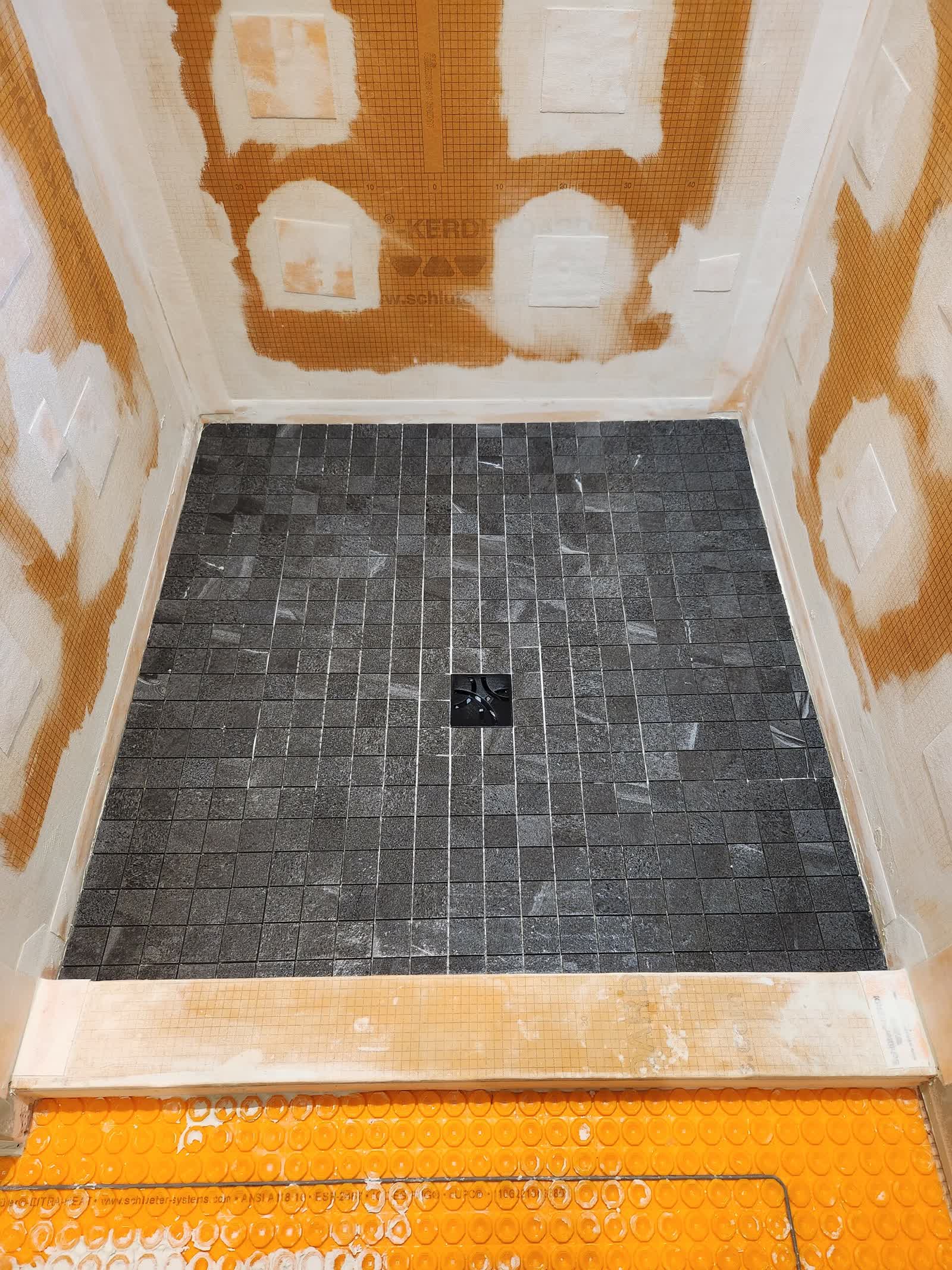 Slate floor tile installation winter construction custom bathroom maine