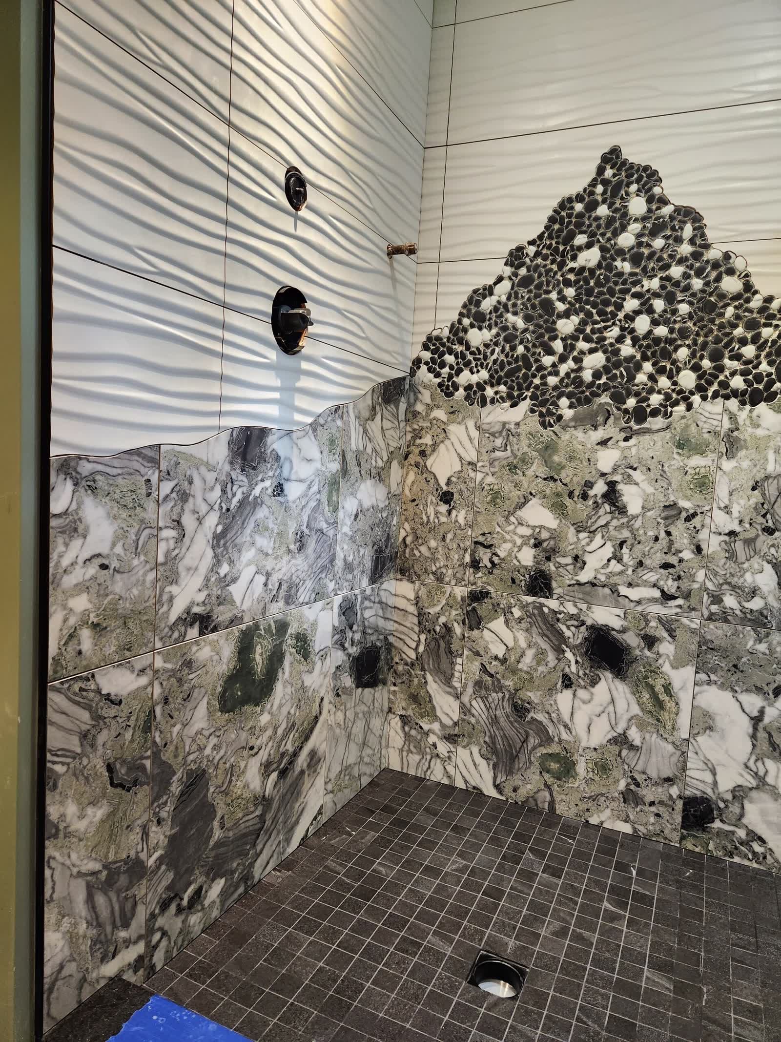 Wavy 3d feature tile detail winter construction custom bathroom maine