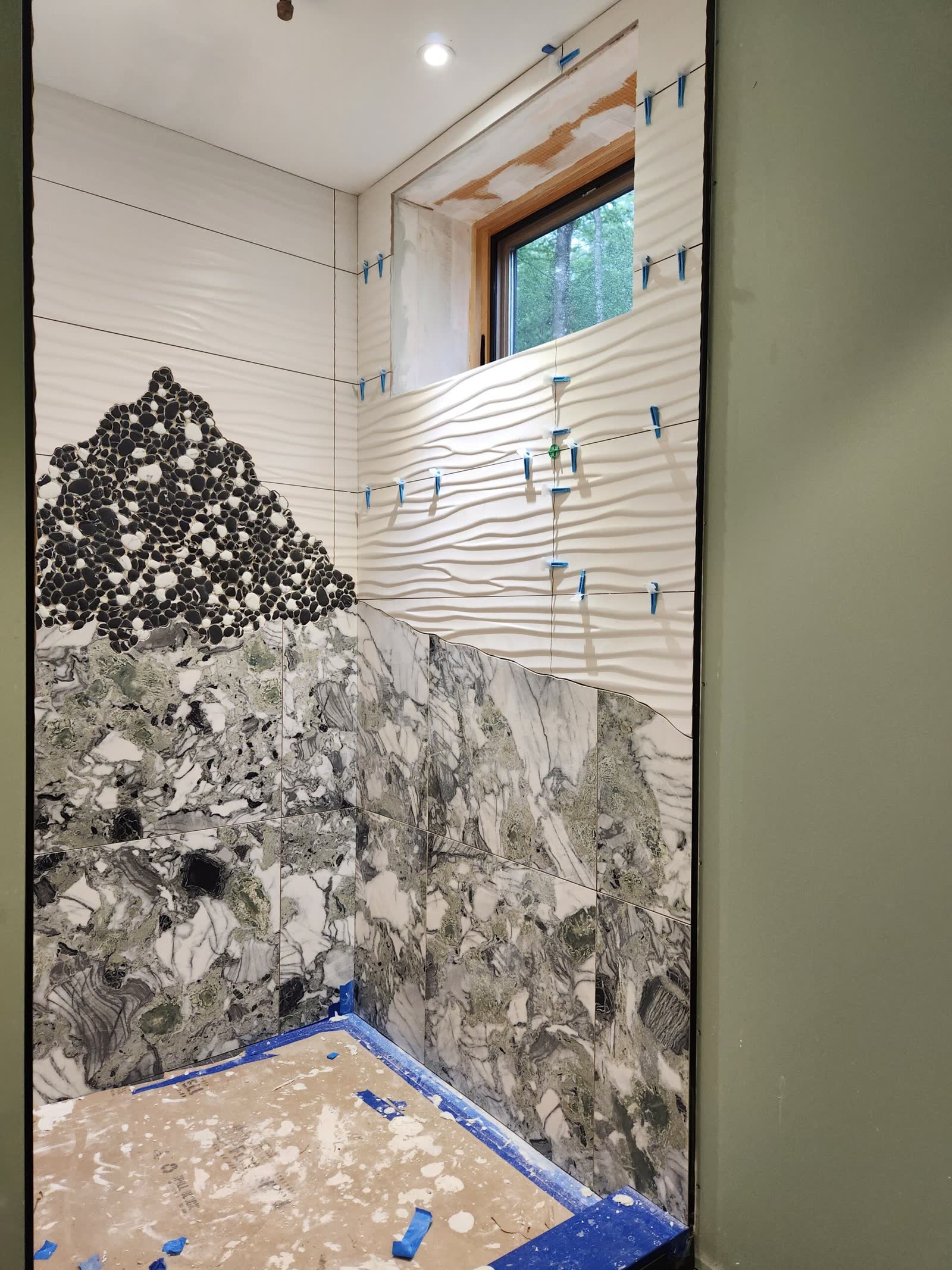 Custom mosaic shower wall winter construction custom bathroom maine