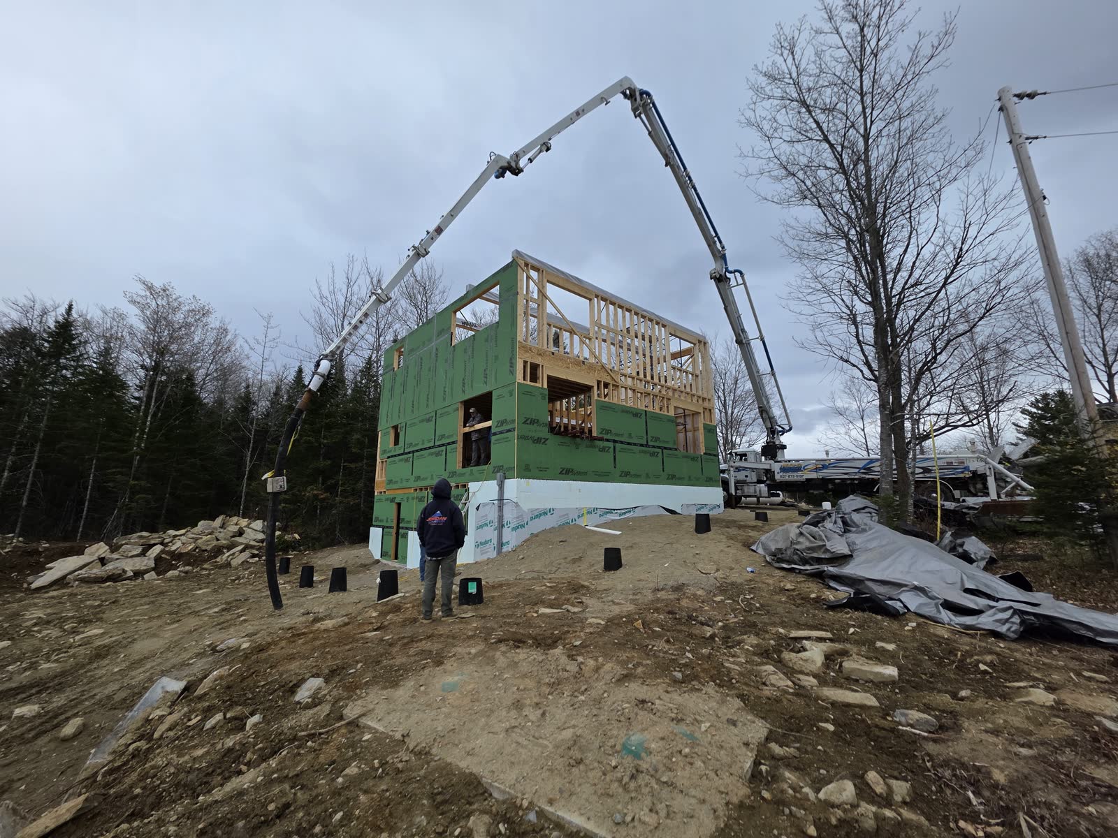 Deck footings concrete pour winter construction phillips maine