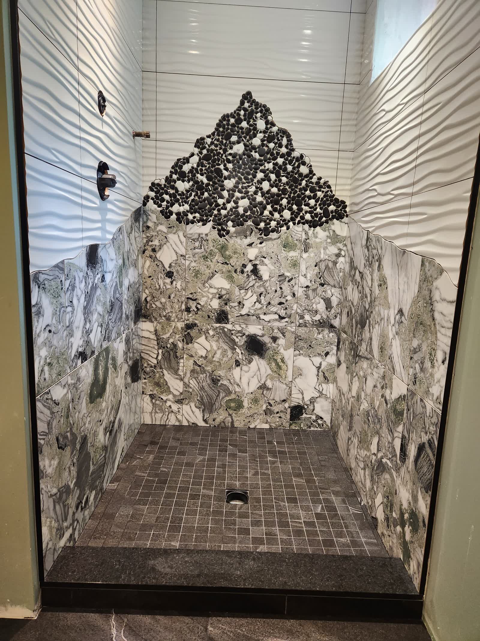 Mosaic marble shower progress winter construction custom bathroom maine