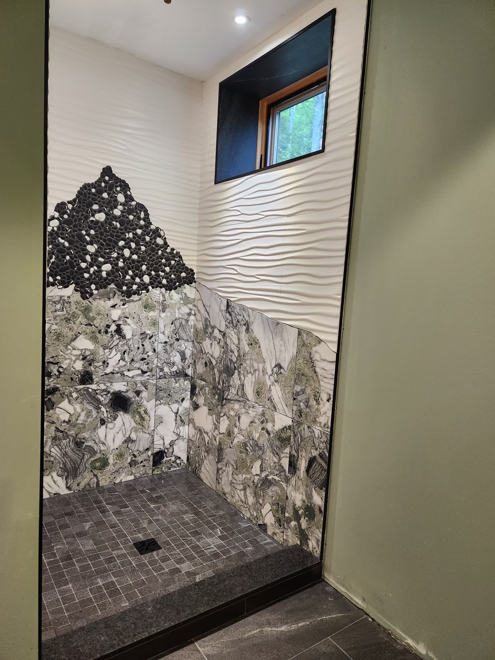 Custom shower mosaic window winter construction custom bathroom maine