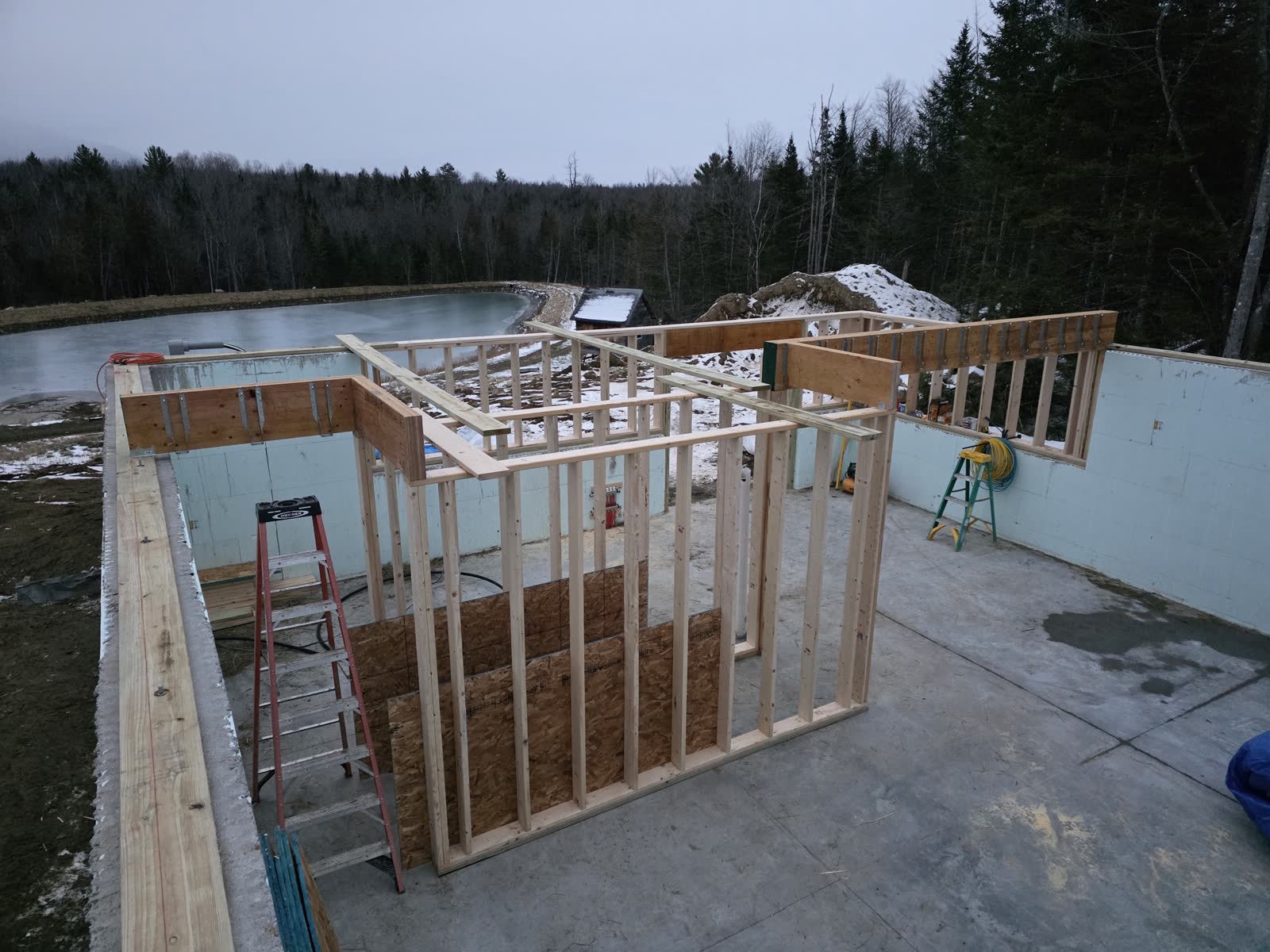 Wall framing first floor winter construction phillips maine