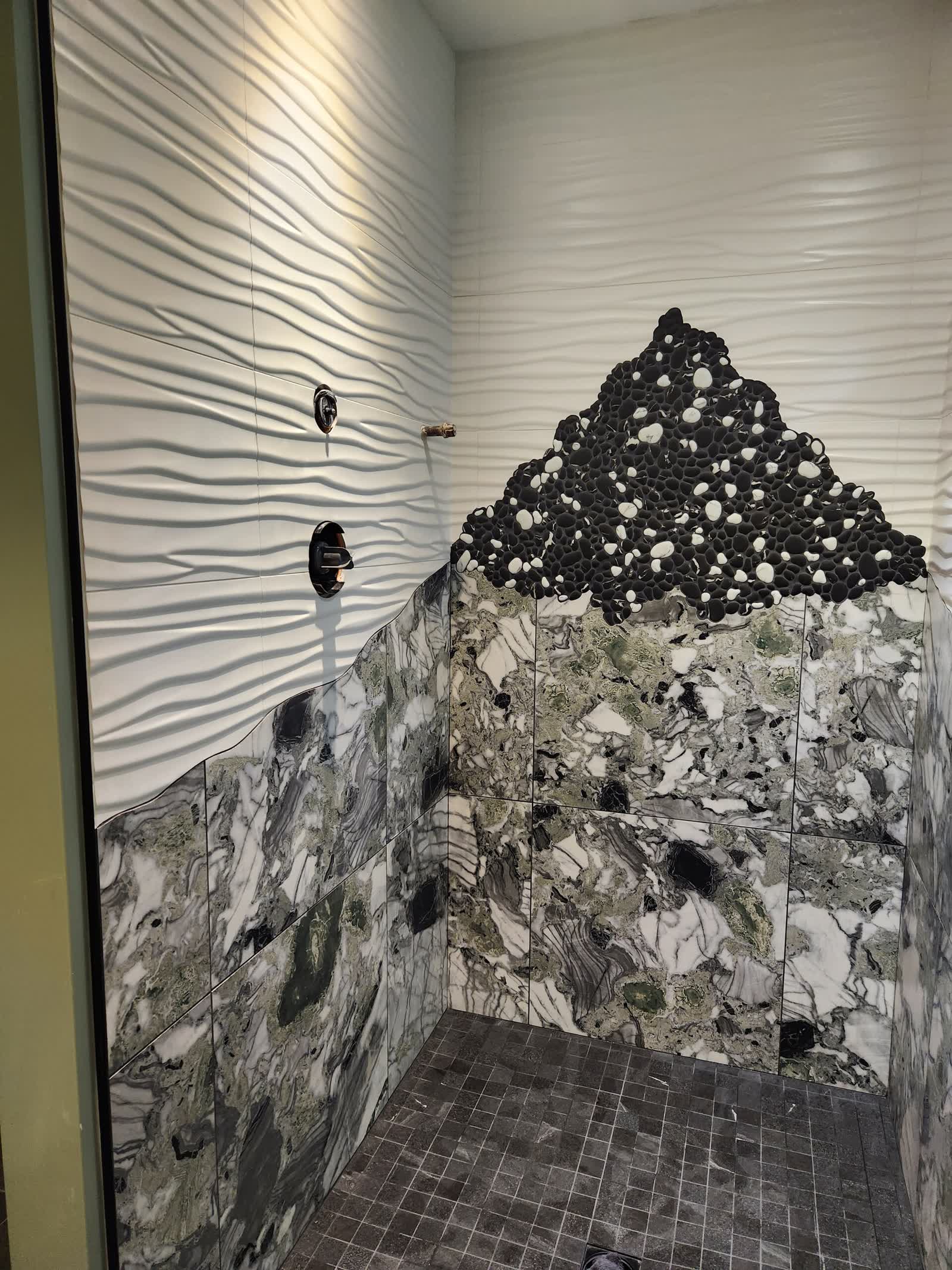 Wavy feature tile wall winter construction custom bathroom maine