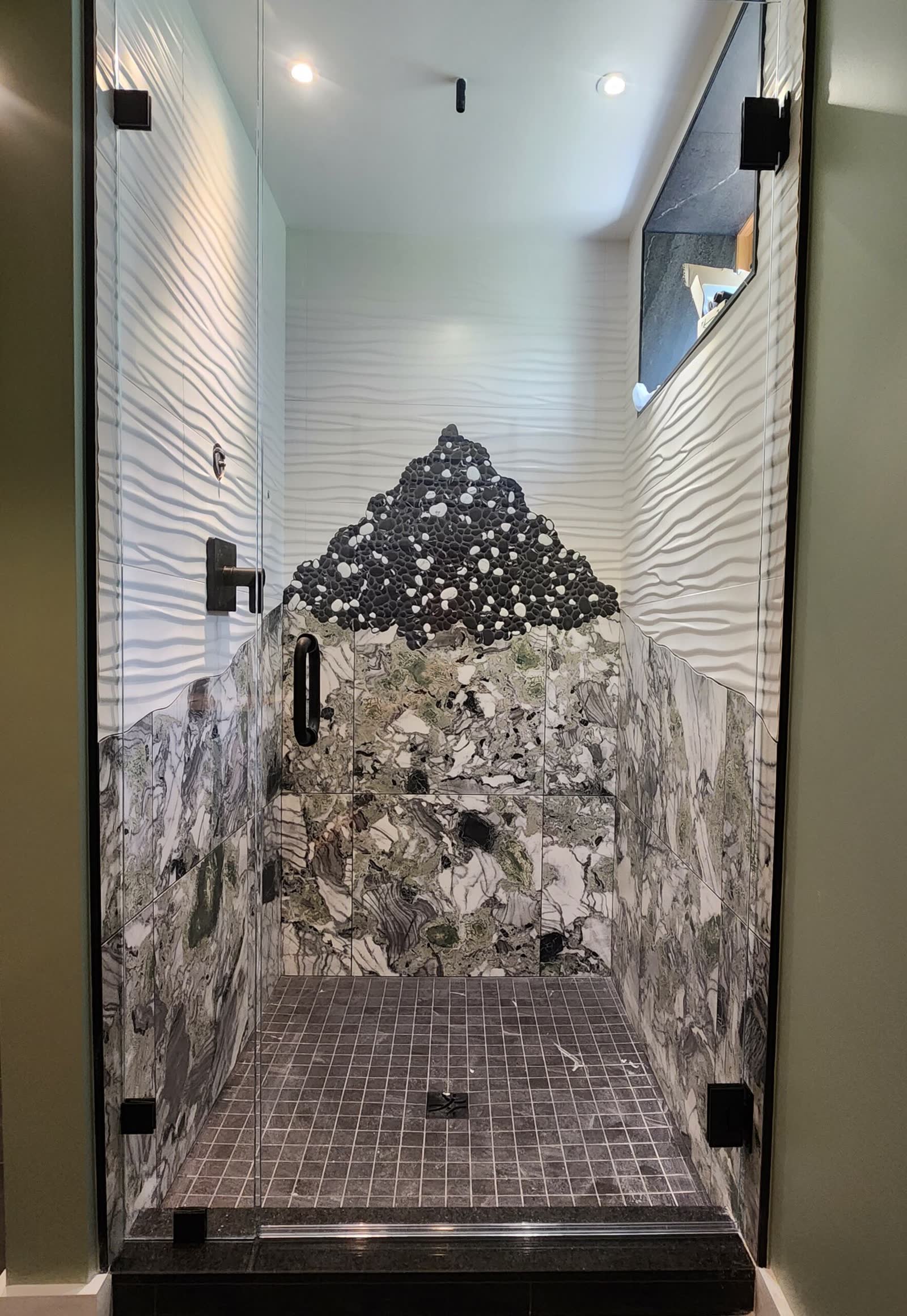 Finished glass shower enclosure winter construction custom bathroom maine