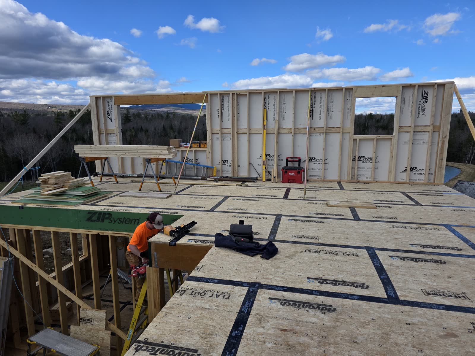 Second floor deck framing winter construction phillips maine