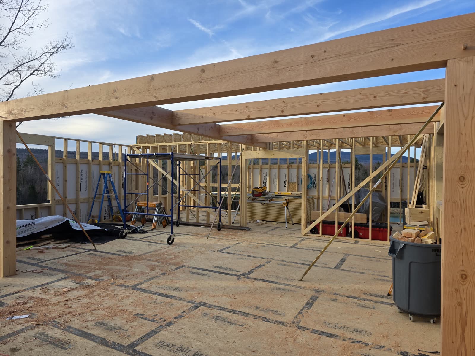 Interior post and beam framing winter construction phillips maine