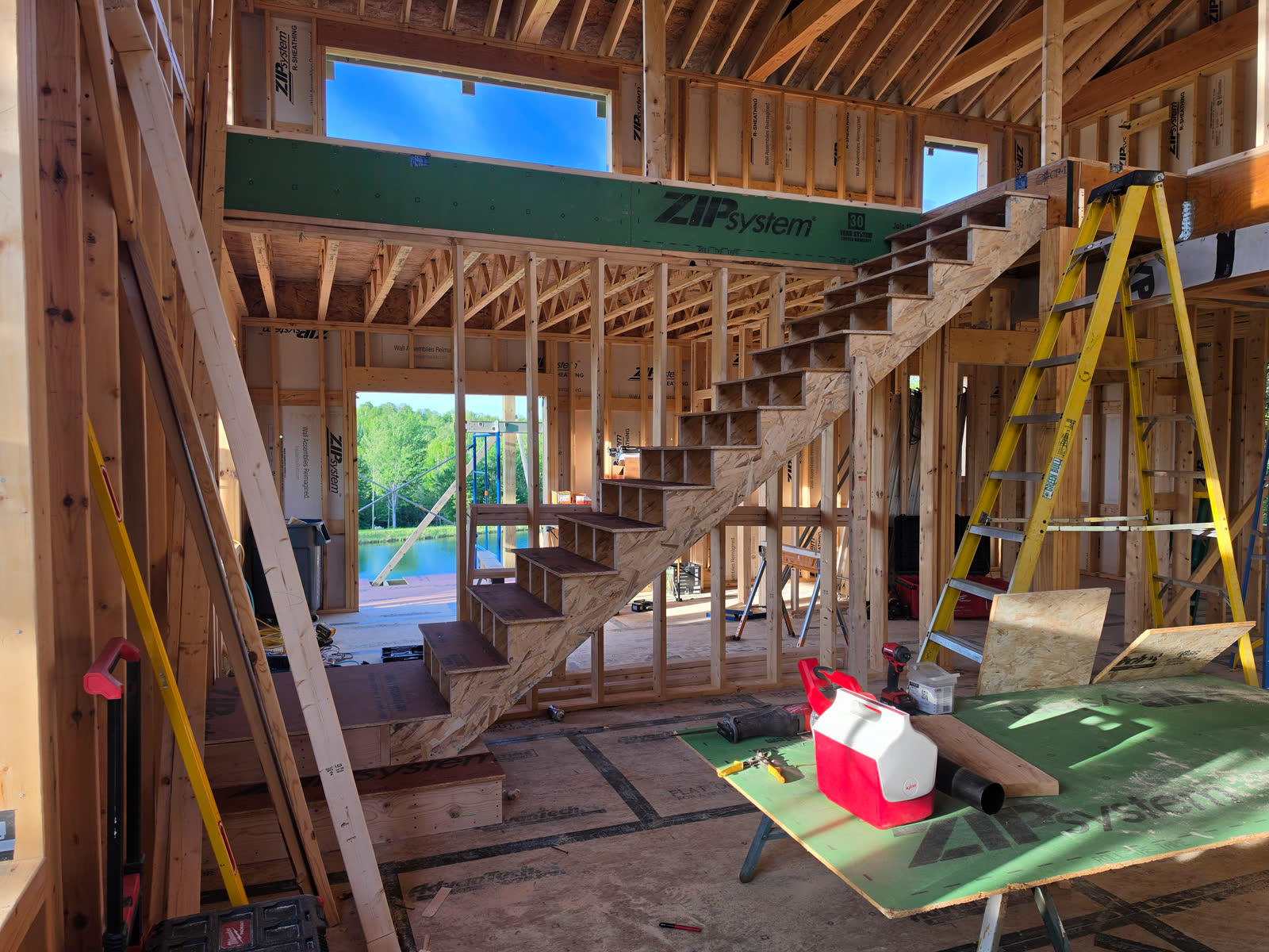Interior staircase framing winter construction phillips maine