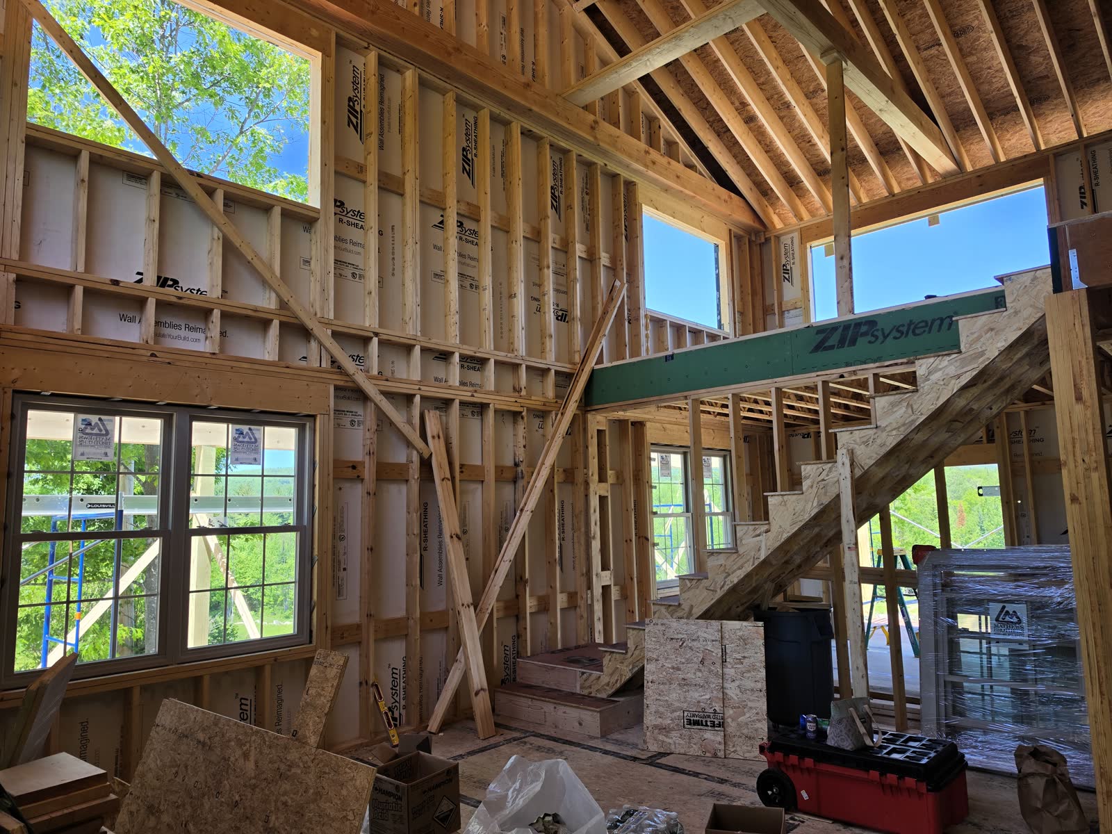 Interior framing great room winter construction phillips maine