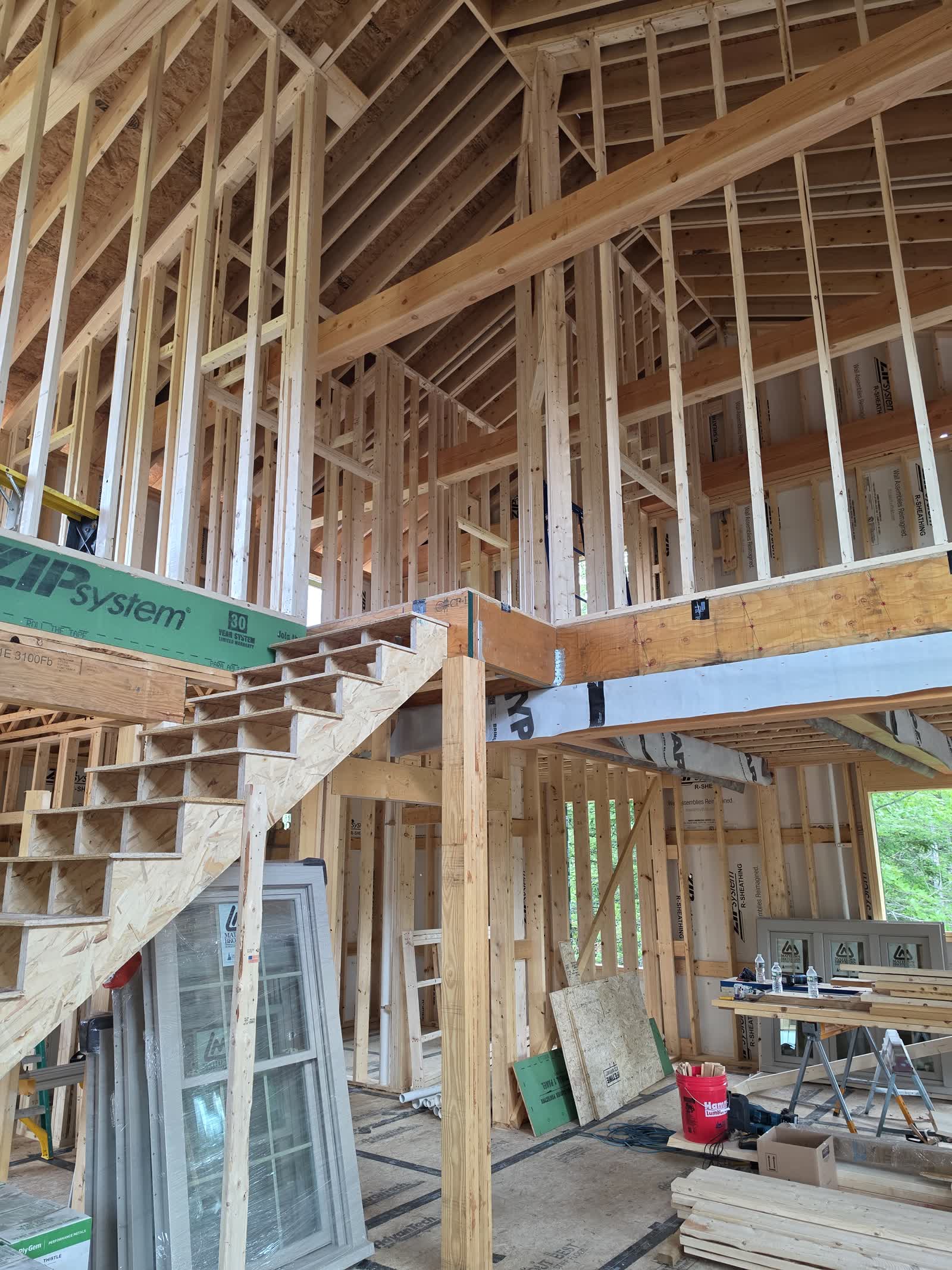 Interior staircase framing winter construction phillips maine