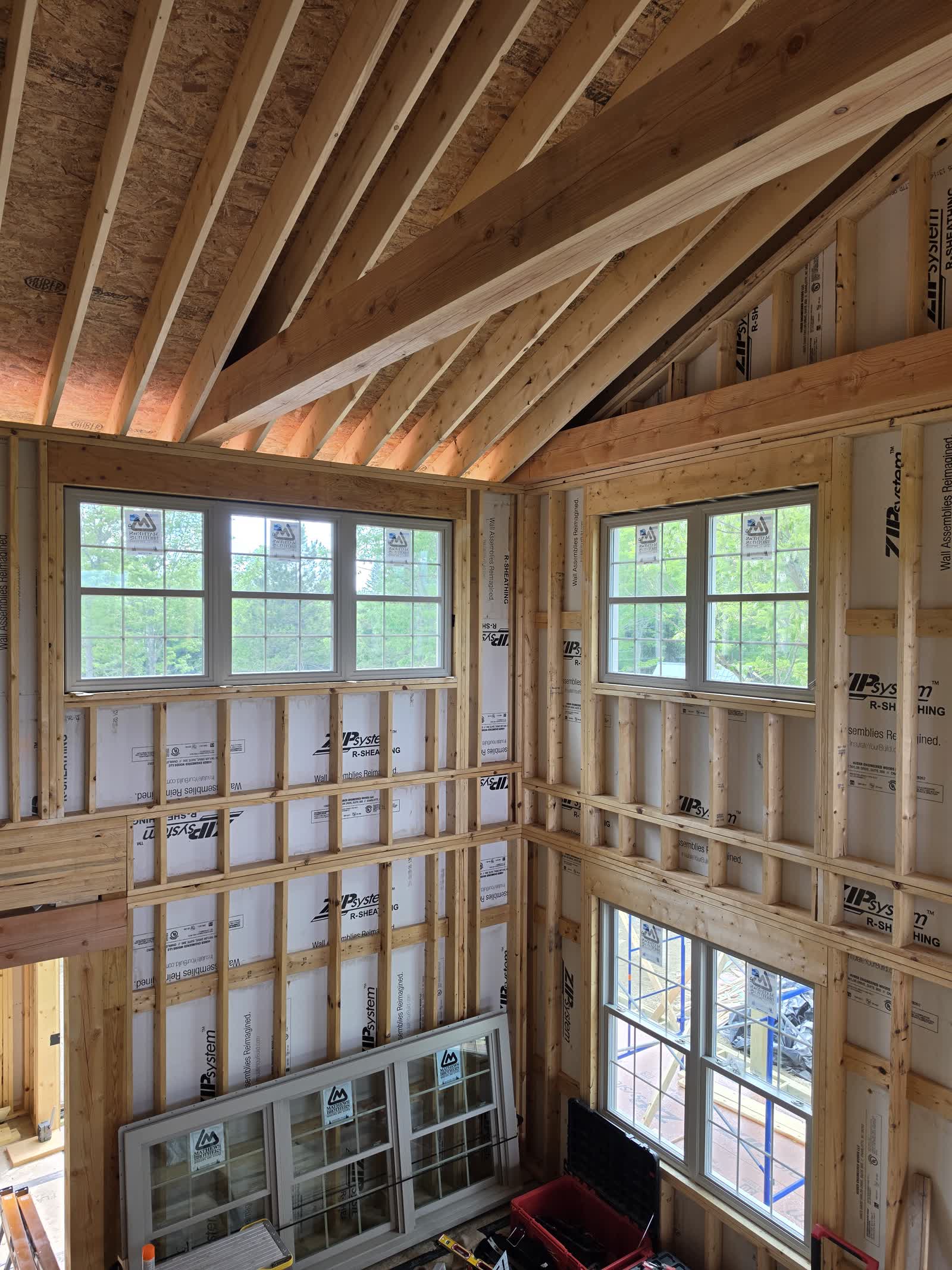 Interior ceiling rafters loft winter construction phillips maine