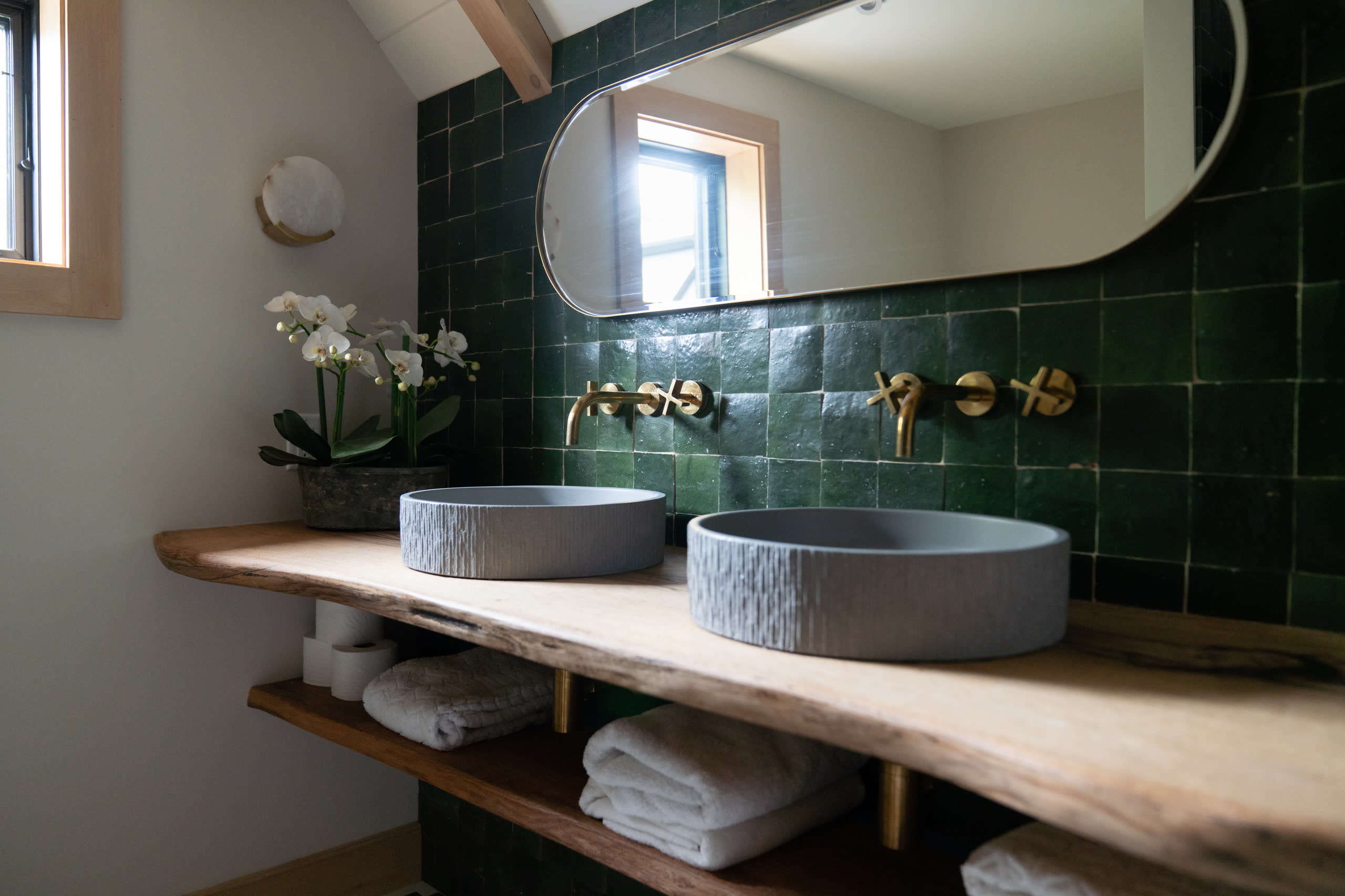 Guest bathroom green zellige vessel sinks winter construction phillips maine