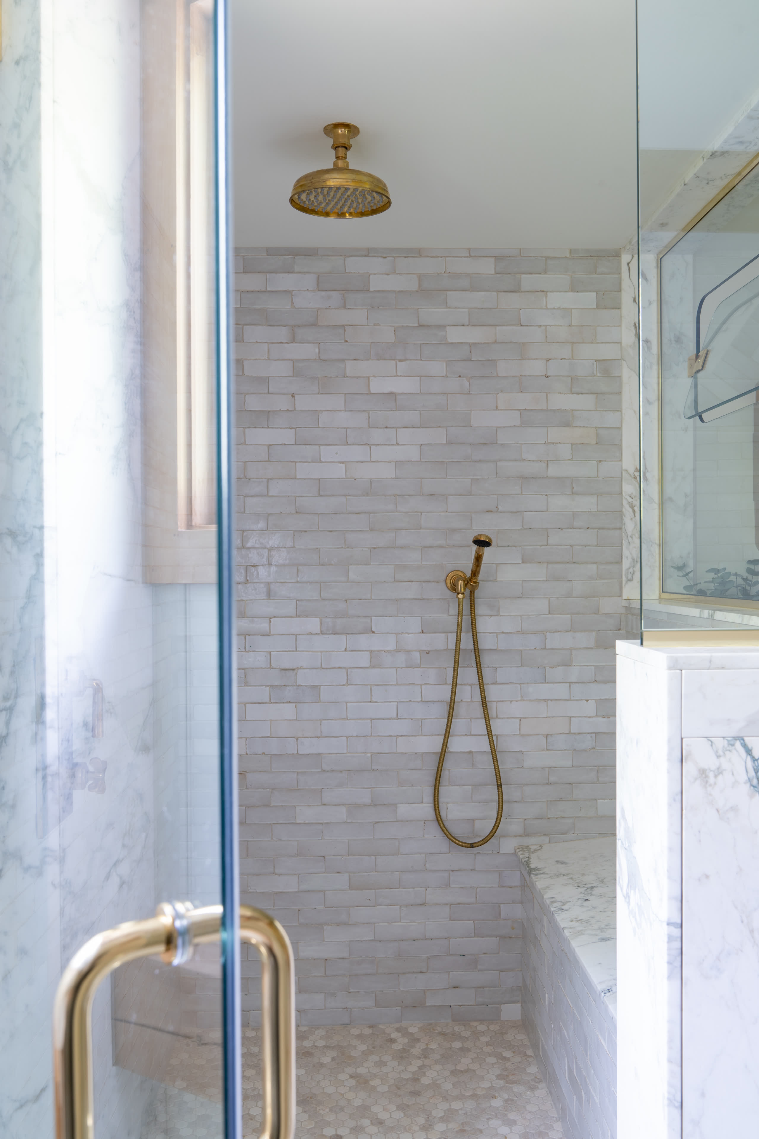 Marble subway tile shower brass fixtures winter construction phillips maine