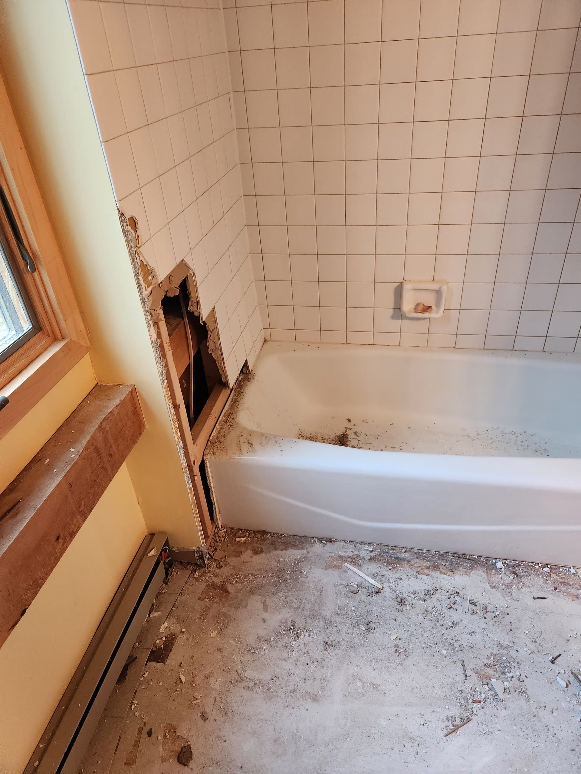 Bathroom stripped to subfloor winter construction bathroom remodel maine