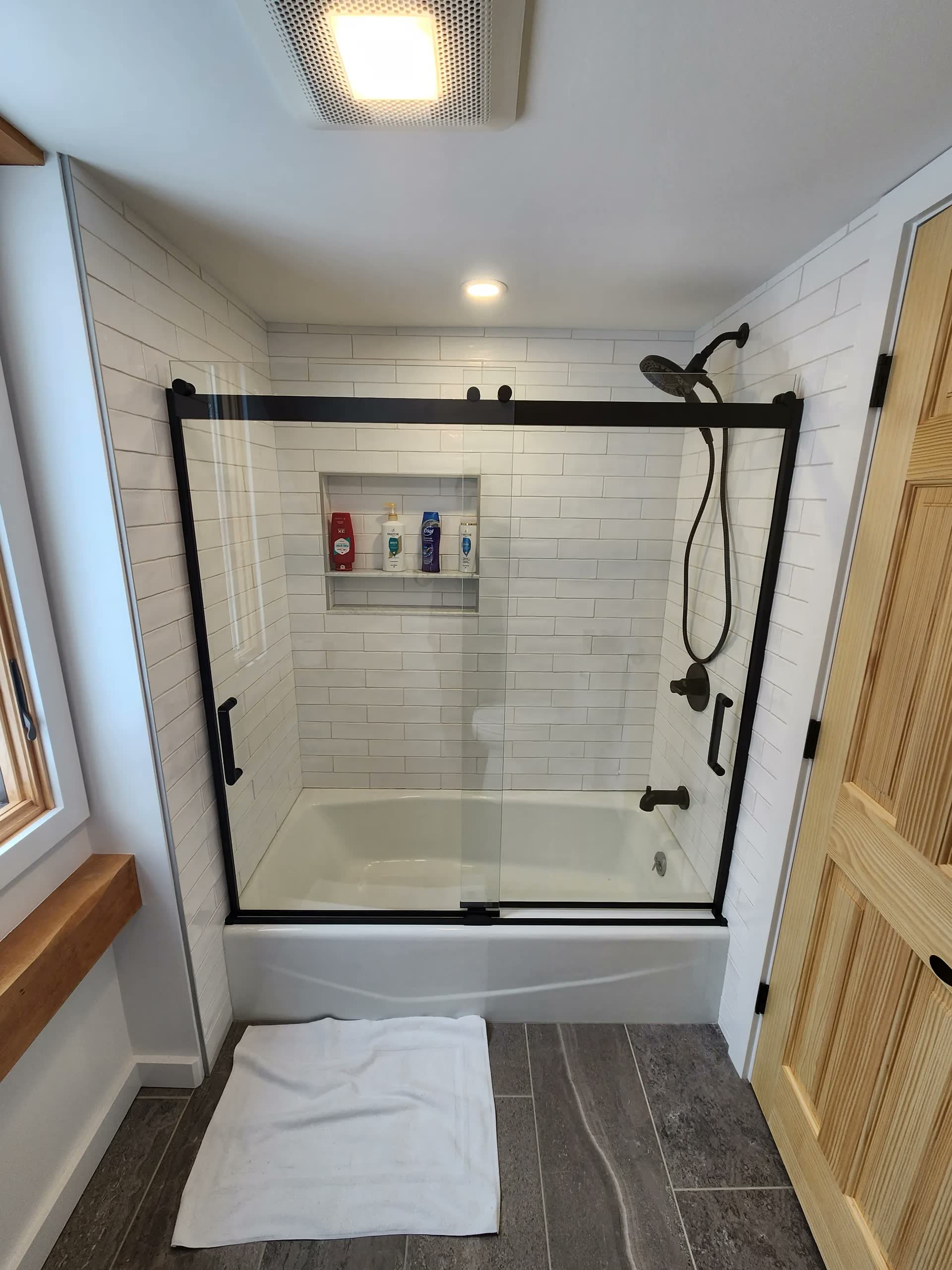 Glass shower pine door winter construction bathroom remodel maine